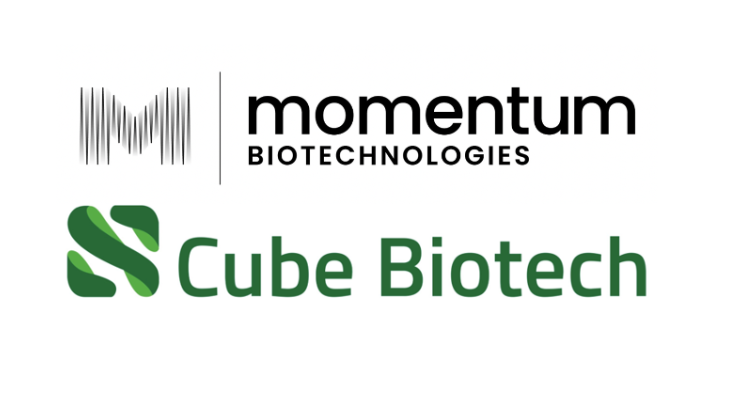 Logos of Momentum Biotechnologies and Cube Biotech